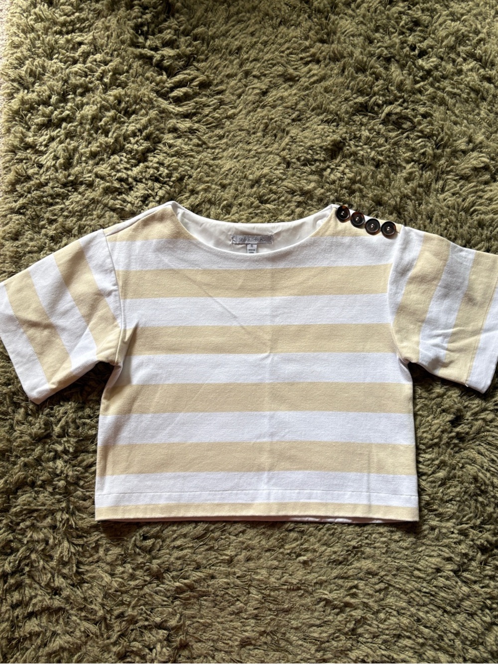 Woman’s Striped Short Sleeve Top in Cream and White